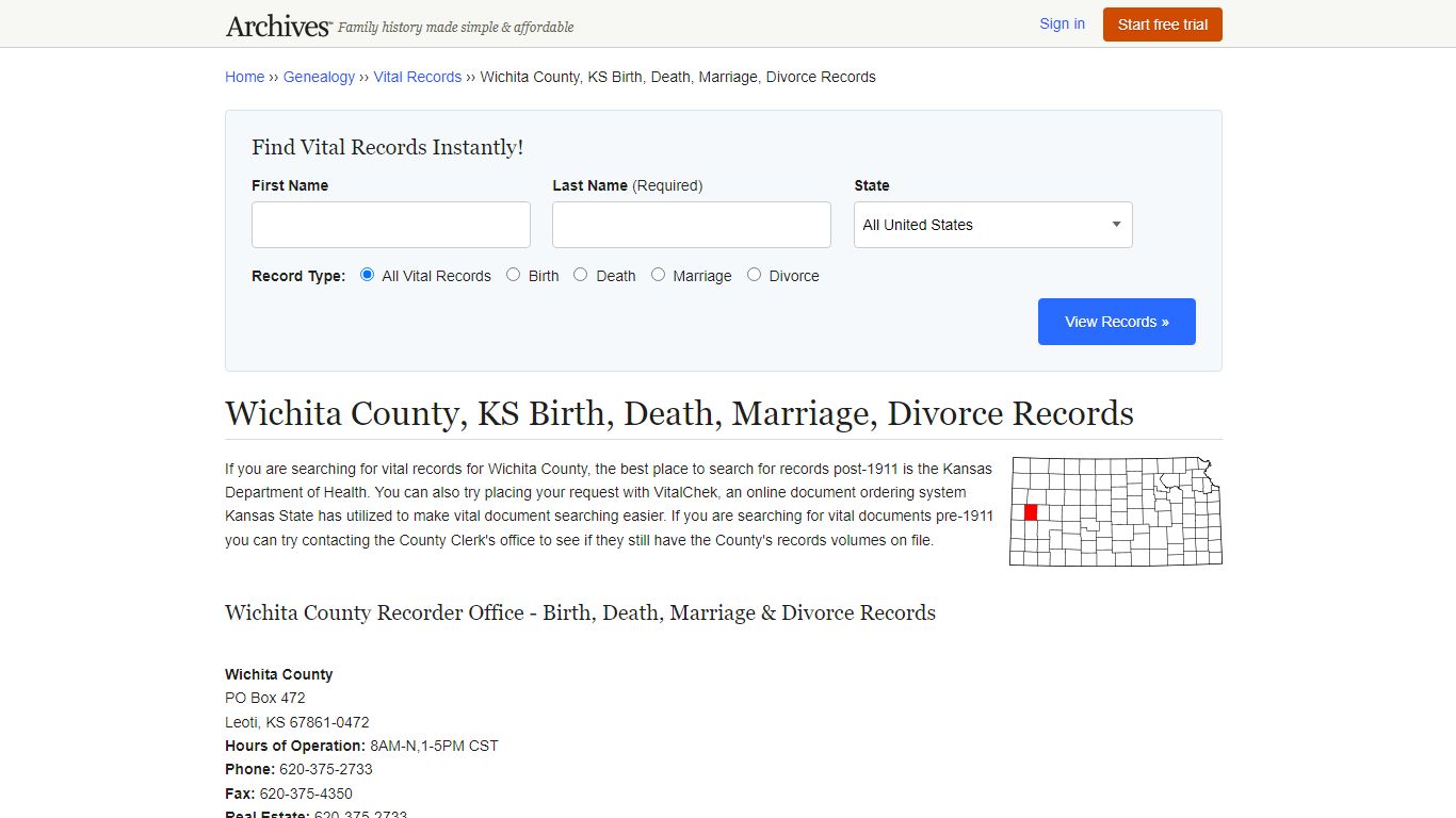 Wichita County, KS Birth, Death, Marriage, Divorce Records