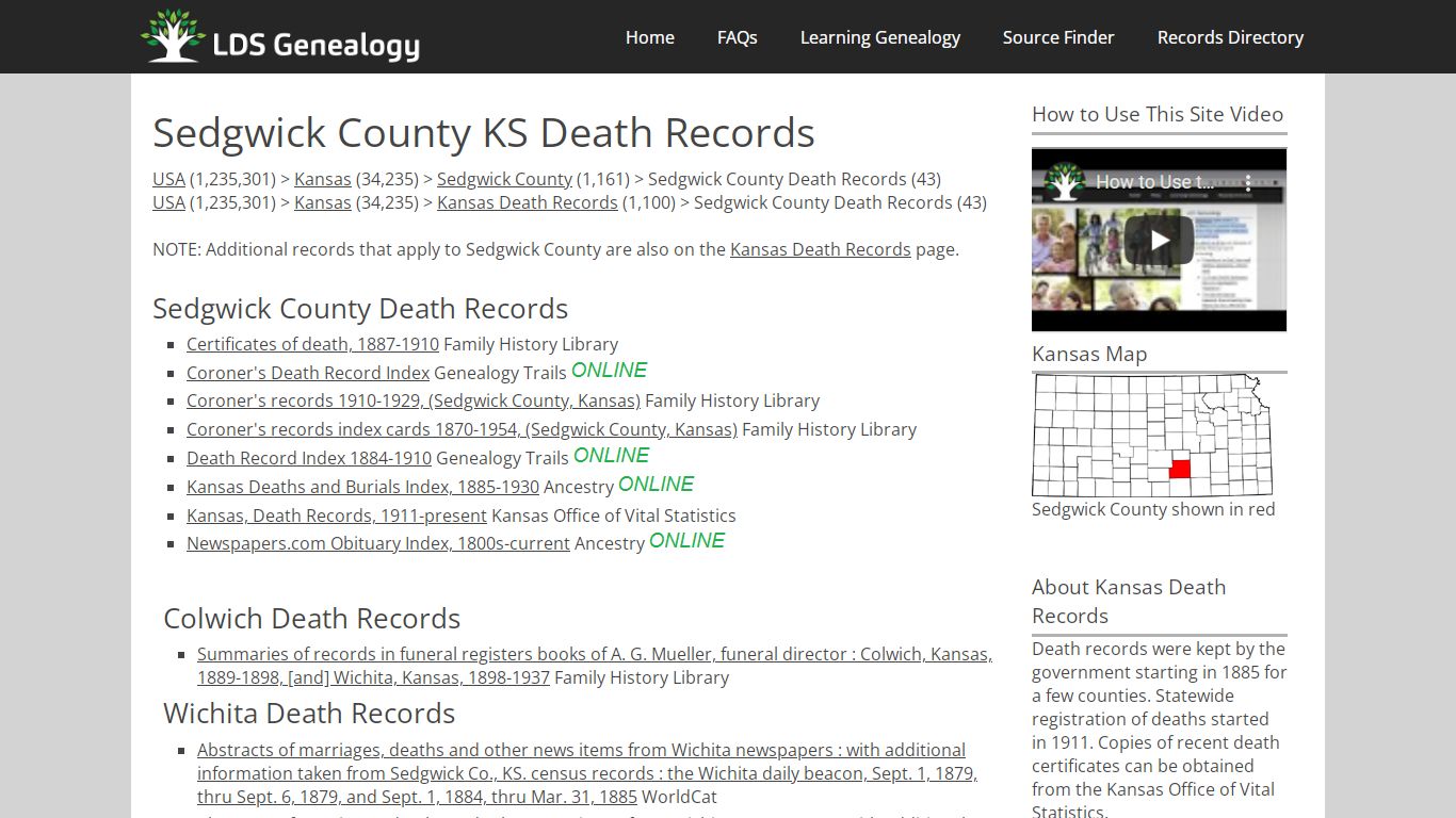 Sedgwick County KS Death Records - LDS Genealogy